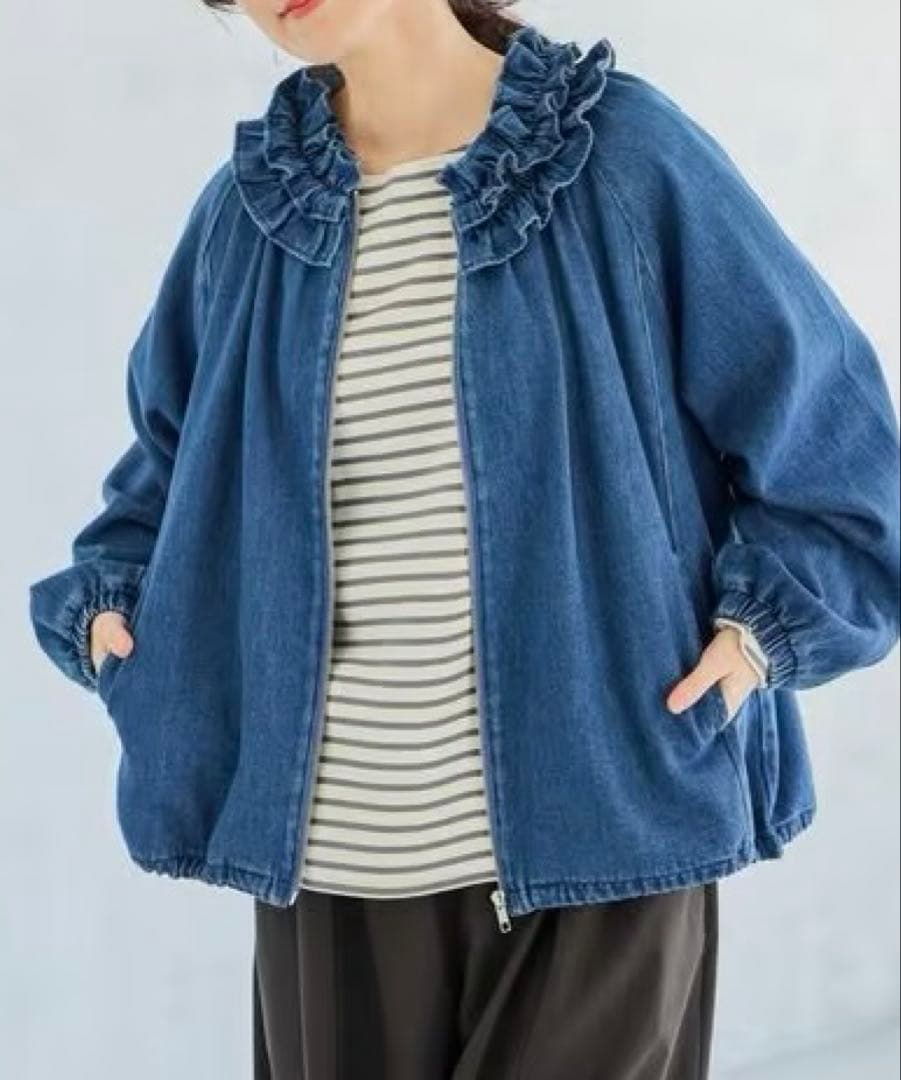 ◯ studio CLIP フリルカラー甘織りデニムシャツブルゾン ◯