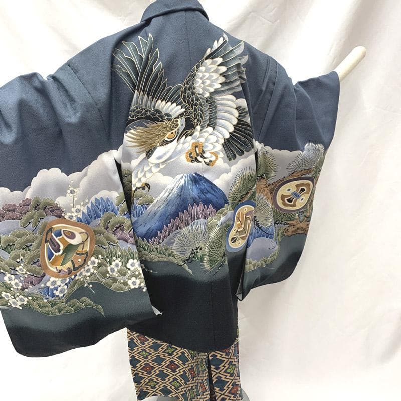 507ab58■七五三 五歳 男児 着物&羽織&袴&角帯&長襦袢 鷹 松■美品