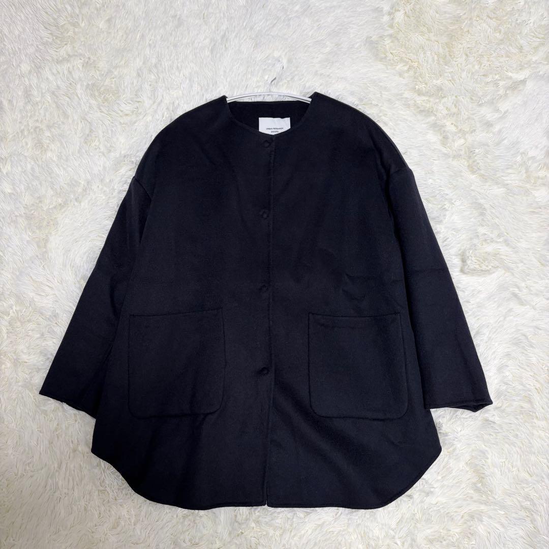 美品アーバンリサーチドアーズ　ウールノーカラーミドルコート　DOORS ネイビー
