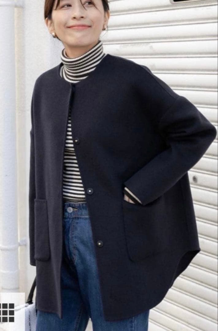 美品アーバンリサーチドアーズ　ウールノーカラーミドルコート　DOORS ネイビー