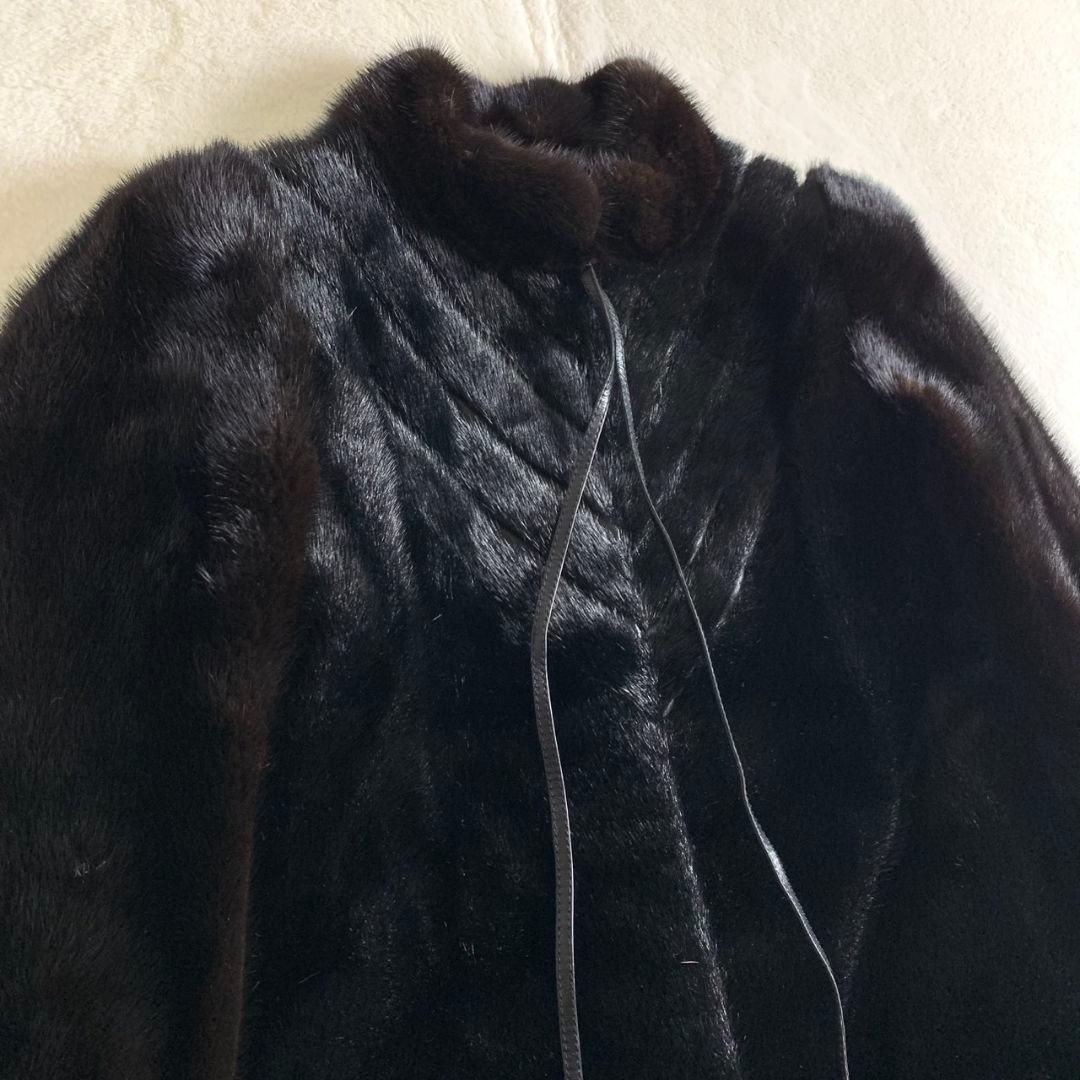 【ファーコート　ダークミンク　ブラック　リボン　柄　ロングコート　古着】