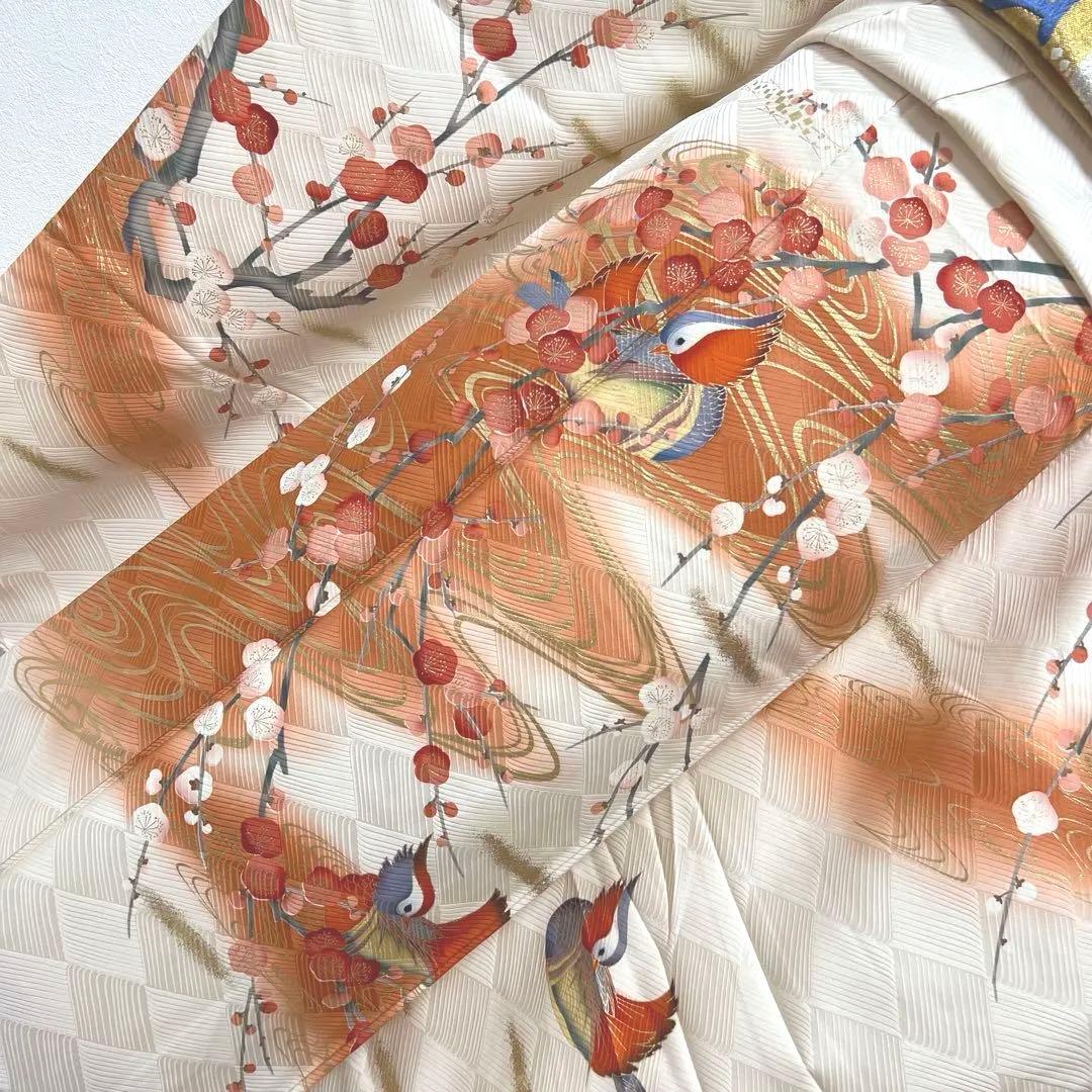 342 振袖フルセット 正絹 オフホワイト 白 橙 赤 金彩 暈し染め 長身さん