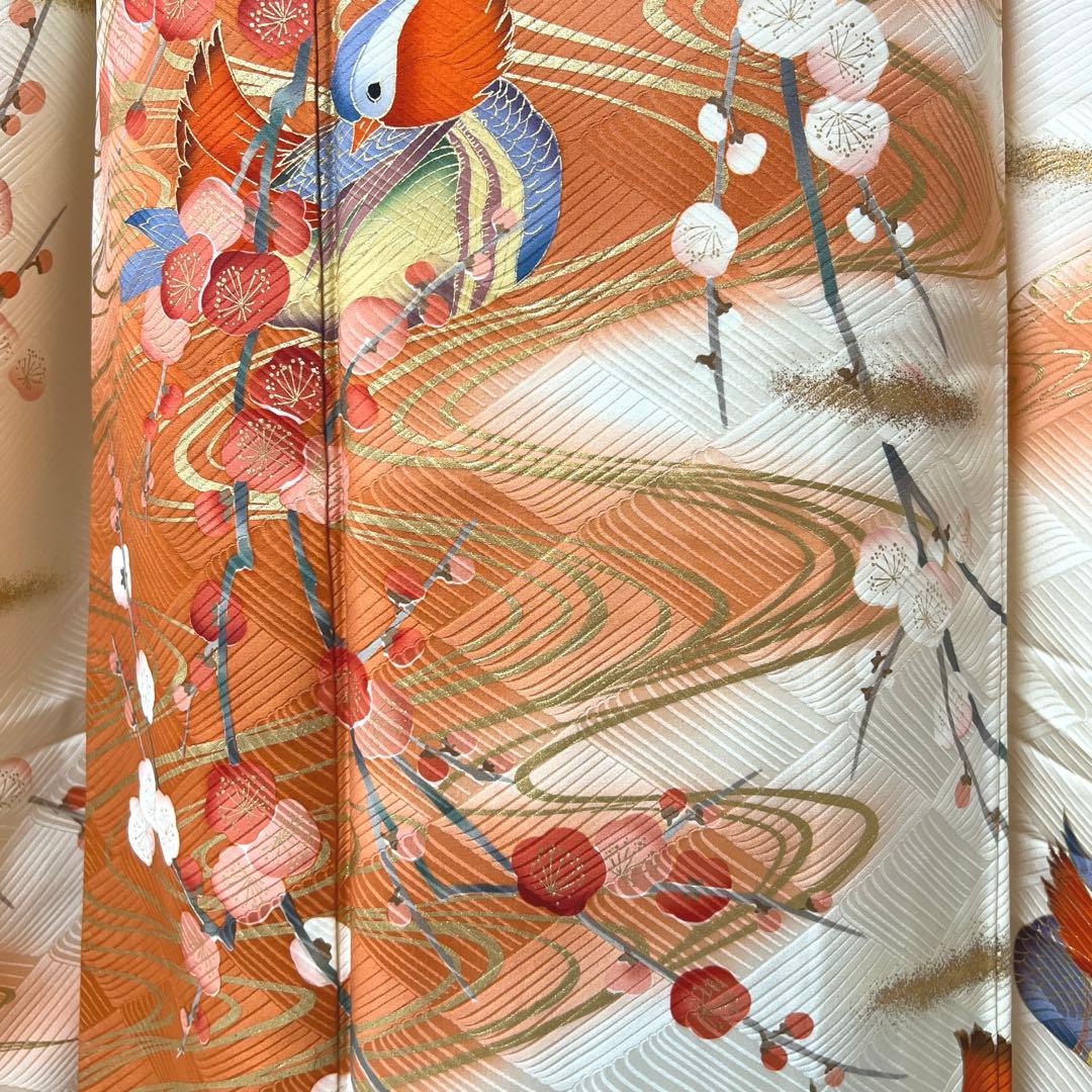 342 振袖フルセット 正絹 オフホワイト 白 橙 赤 金彩 暈し染め 長身さん