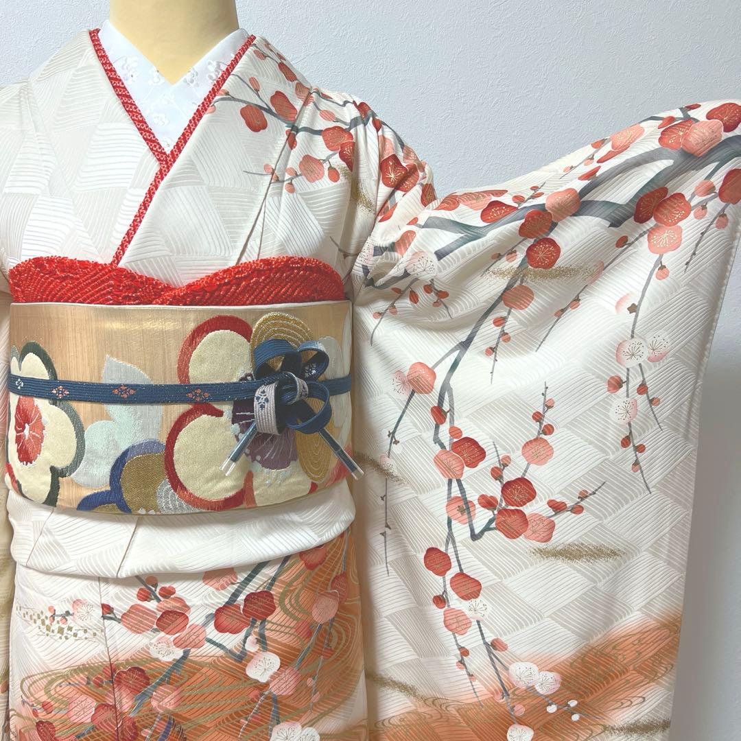 342 振袖フルセット 正絹 オフホワイト 白 橙 赤 金彩 暈し染め 長身さん