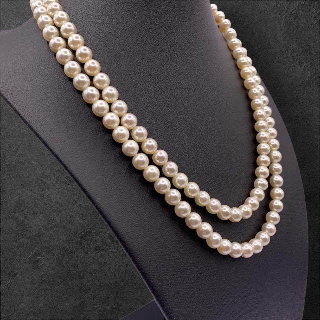 美品　テリ強　本真珠　ホワイトパール　2連ネックレス　SILVER刻印