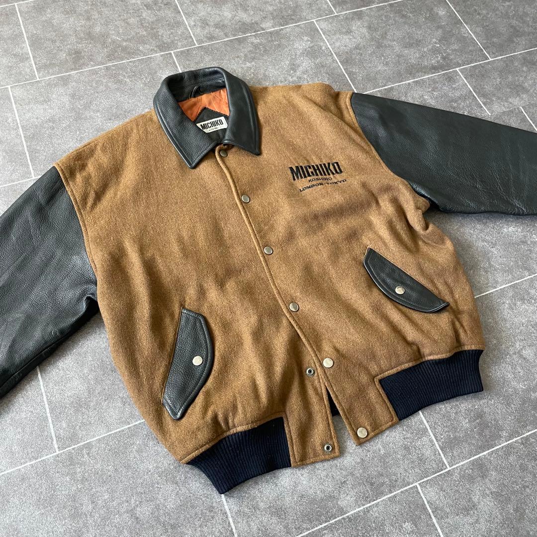 80-90's 牛革 袖・襟 レザーメルトンスタジャン 黒 茶