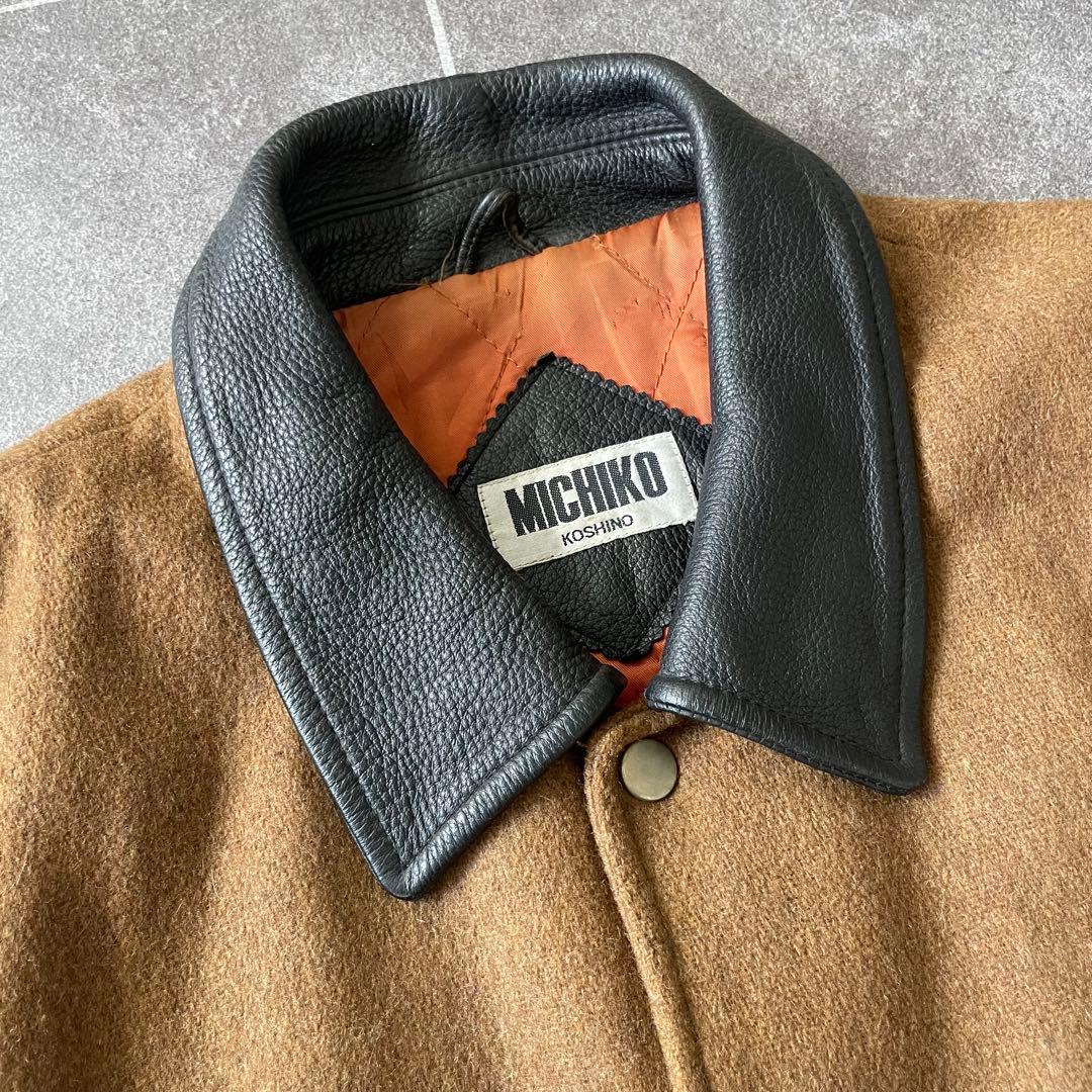 80-90's 牛革 袖・襟 レザーメルトンスタジャン 黒 茶