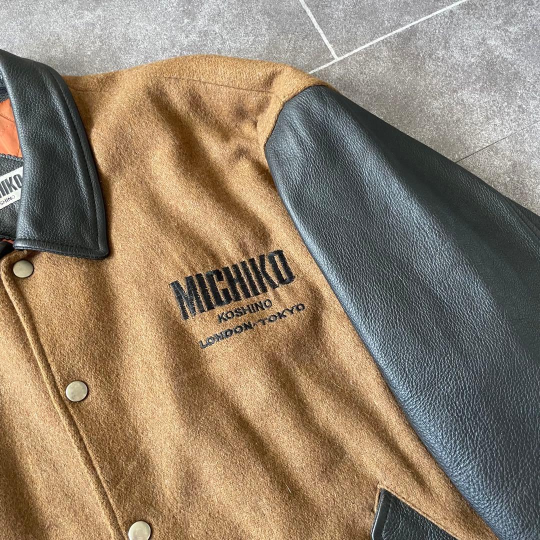 80-90's 牛革 袖・襟 レザーメルトンスタジャン 黒 茶