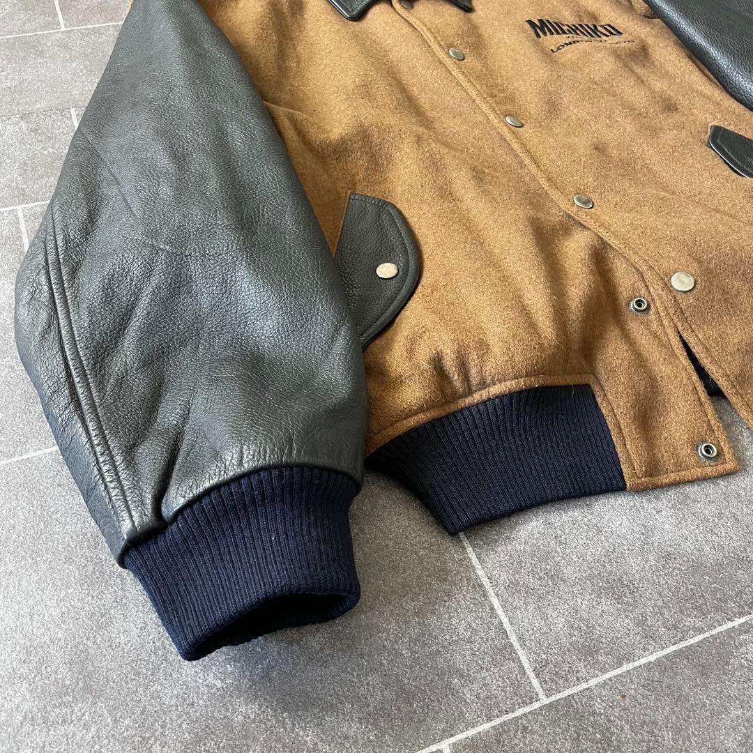 80-90's 牛革 袖・襟 レザーメルトンスタジャン 黒 茶