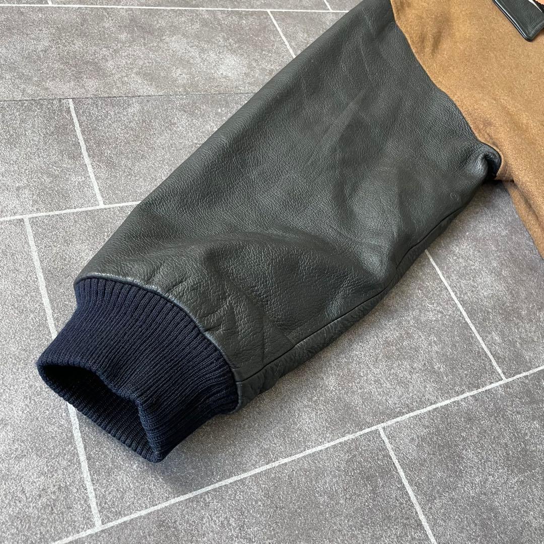 80-90's 牛革 袖・襟 レザーメルトンスタジャン 黒 茶