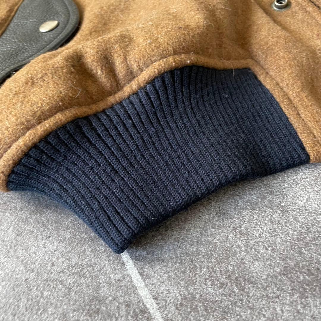 80-90's 牛革 袖・襟 レザーメルトンスタジャン 黒 茶