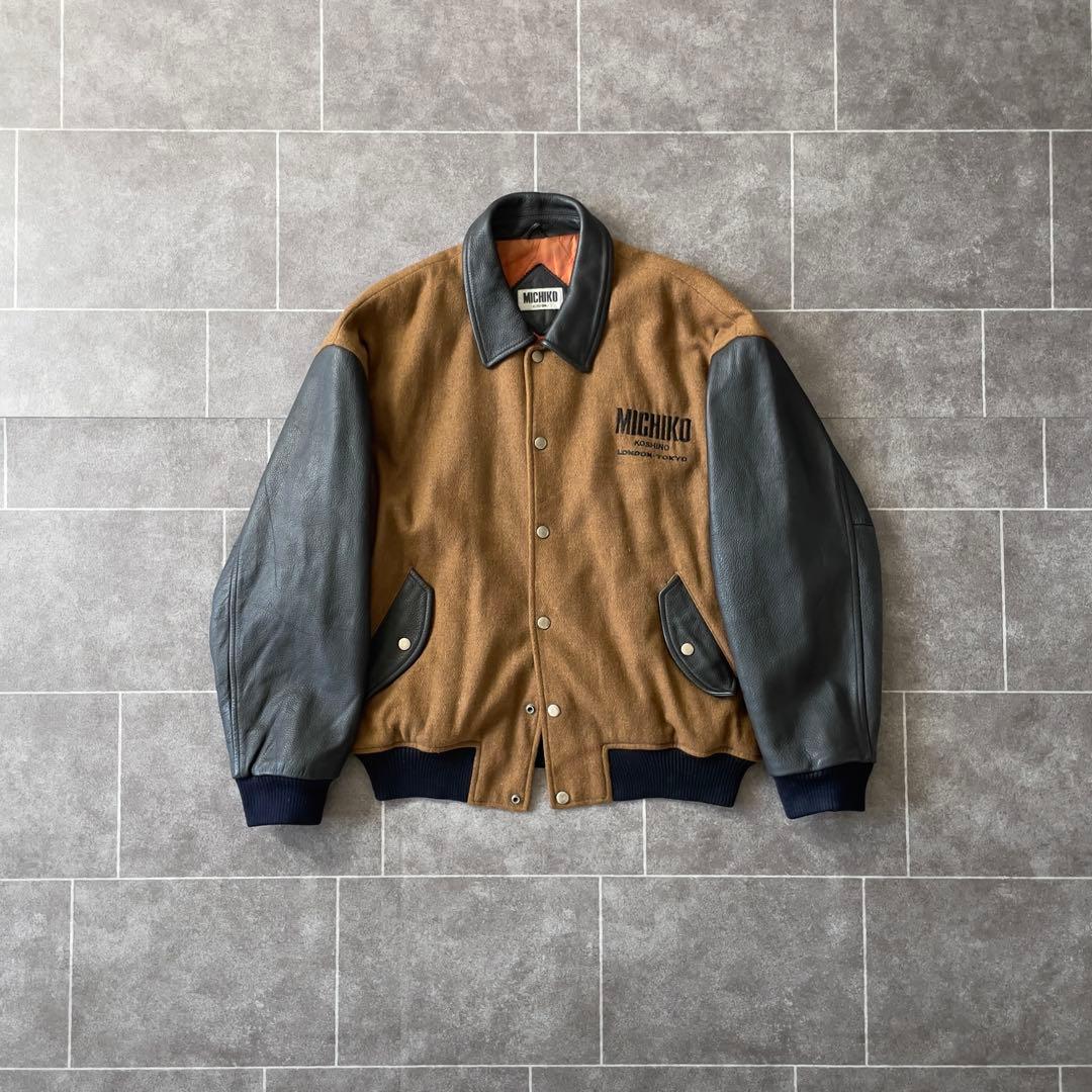 80-90's 牛革 袖・襟 レザーメルトンスタジャン 黒 茶