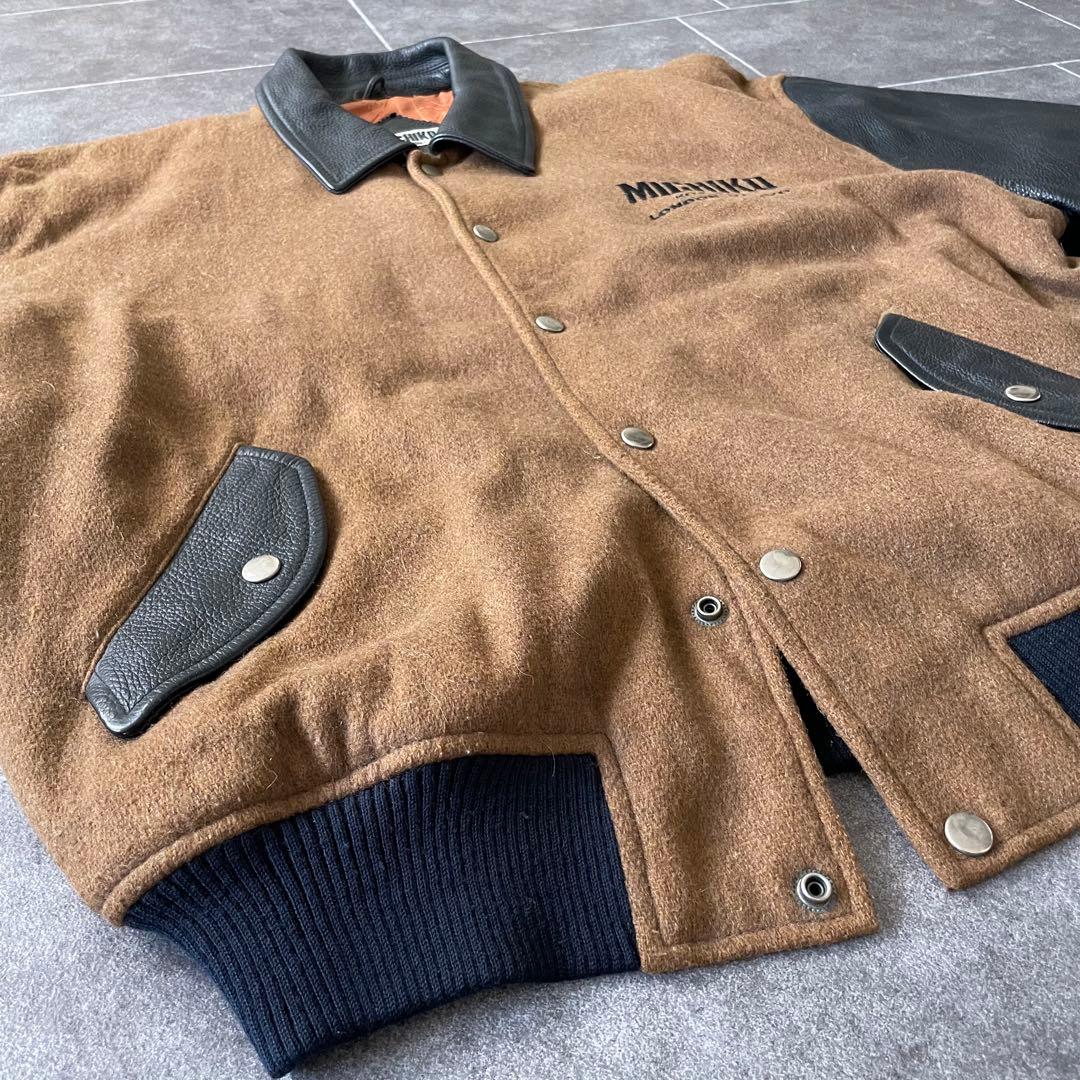 80-90's 牛革 袖・襟 レザーメルトンスタジャン 黒 茶