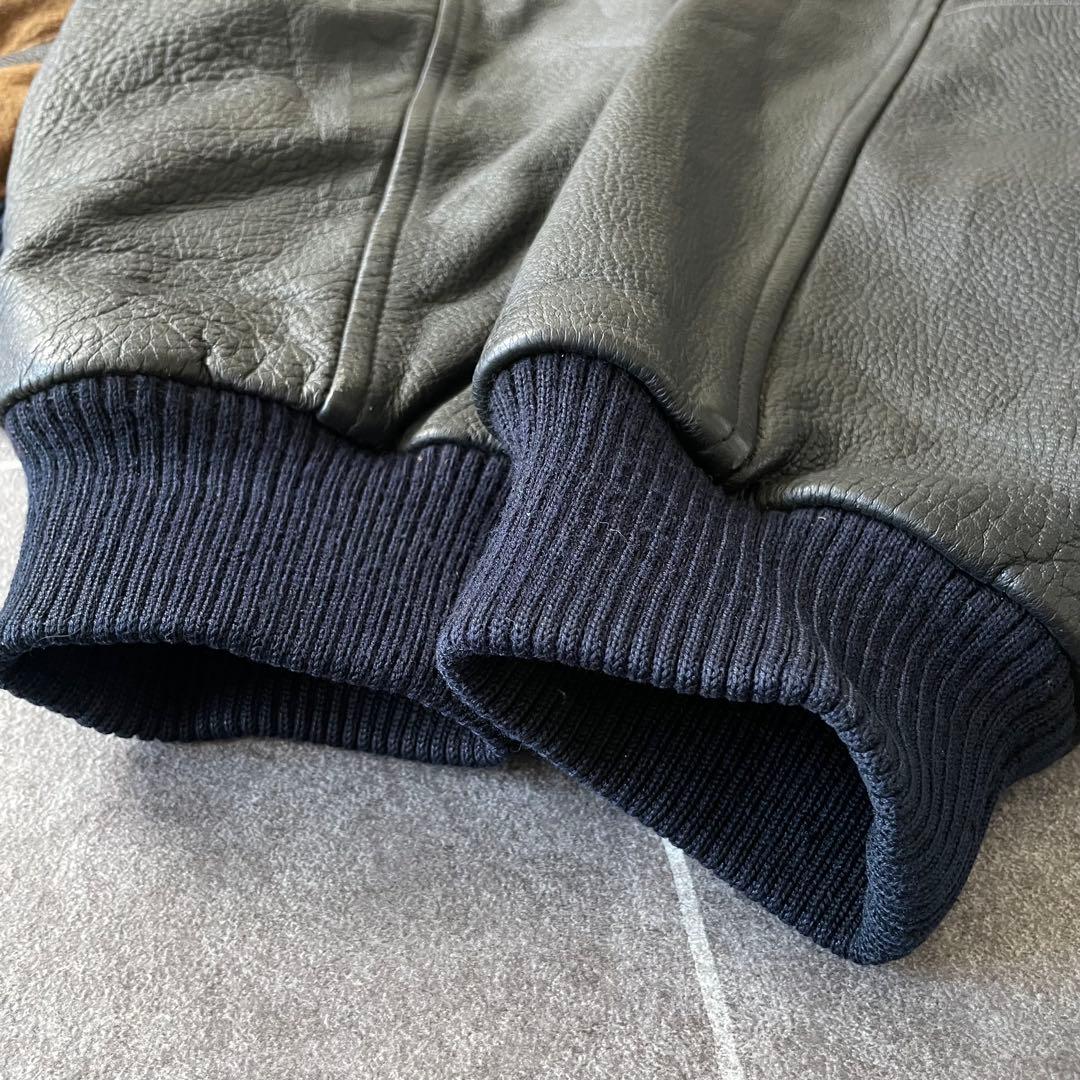 80-90's 牛革 袖・襟 レザーメルトンスタジャン 黒 茶