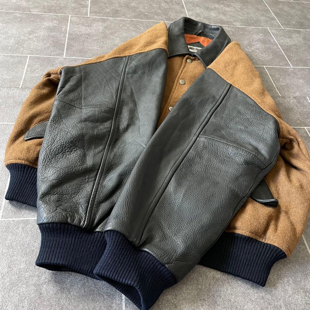 80-90's 牛革 袖・襟 レザーメルトンスタジャン 黒 茶