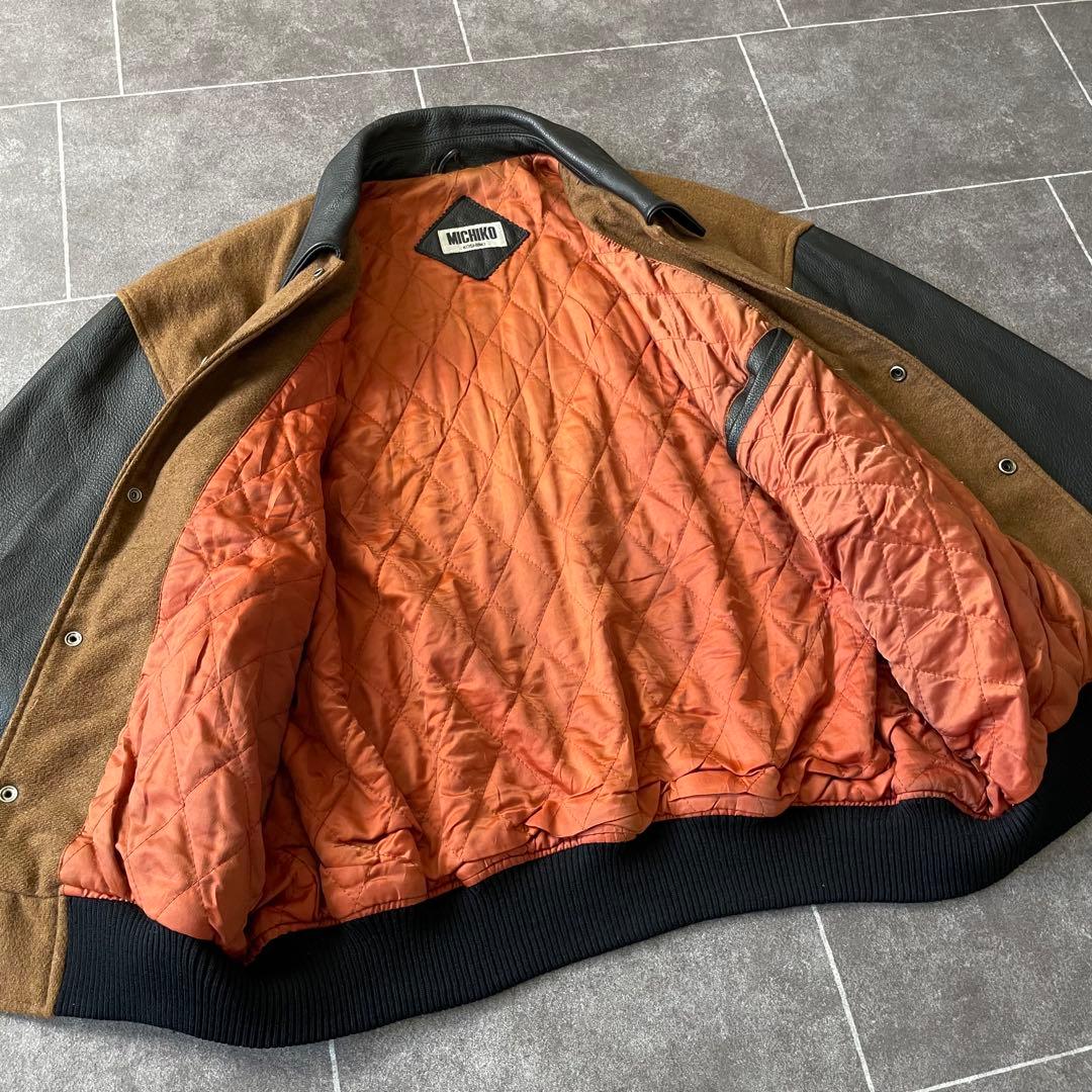 80-90's 牛革 袖・襟 レザーメルトンスタジャン 黒 茶