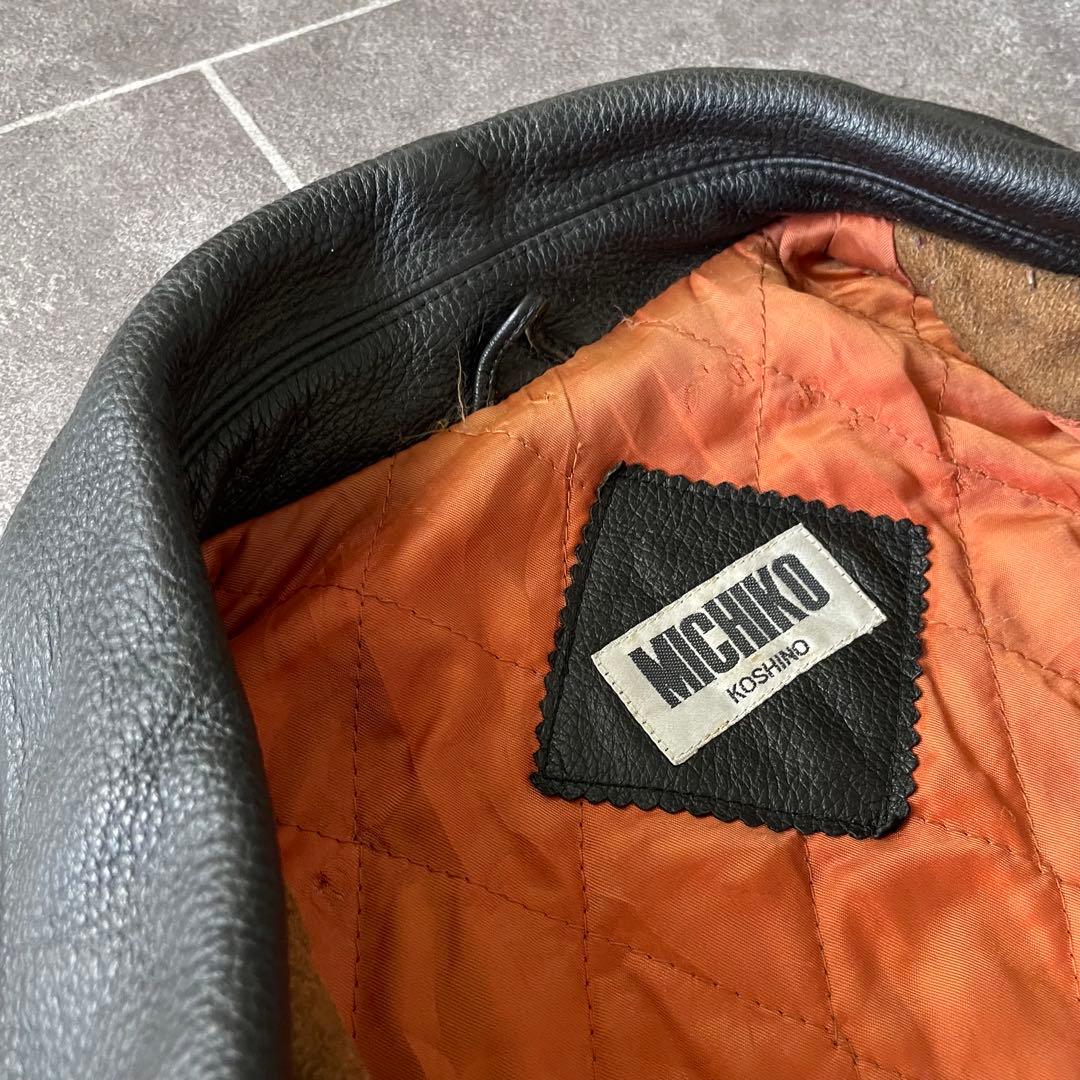 80-90's 牛革 袖・襟 レザーメルトンスタジャン 黒 茶