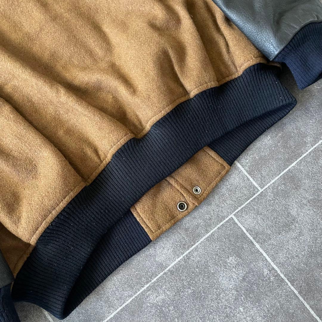 80-90's 牛革 袖・襟 レザーメルトンスタジャン 黒 茶