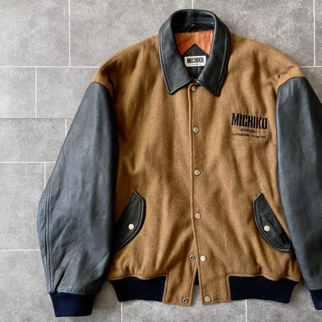 80-90's 牛革 袖・襟 レザーメルトンスタジャン 黒 茶