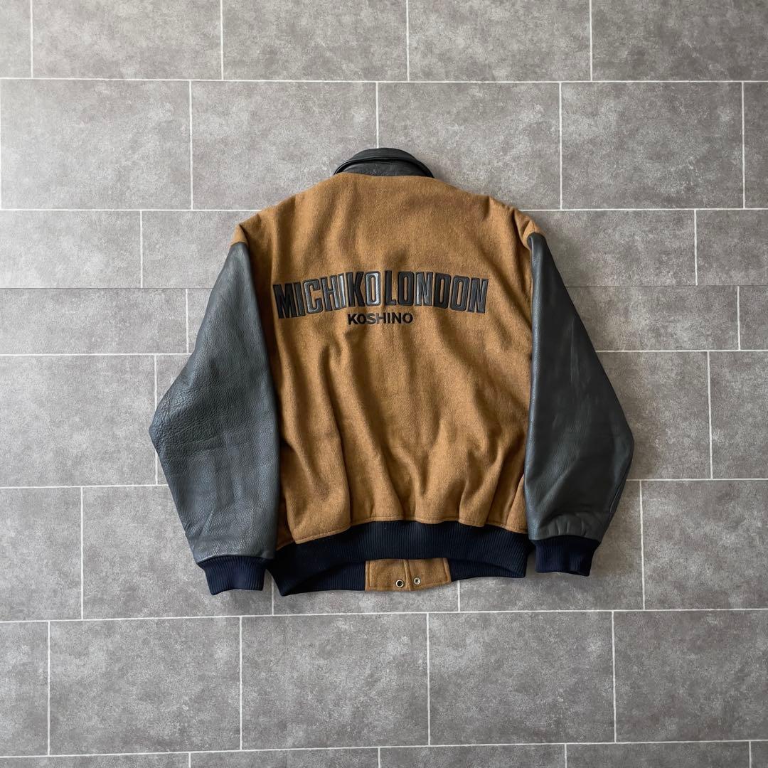 80-90's 牛革 袖・襟 レザーメルトンスタジャン 黒 茶