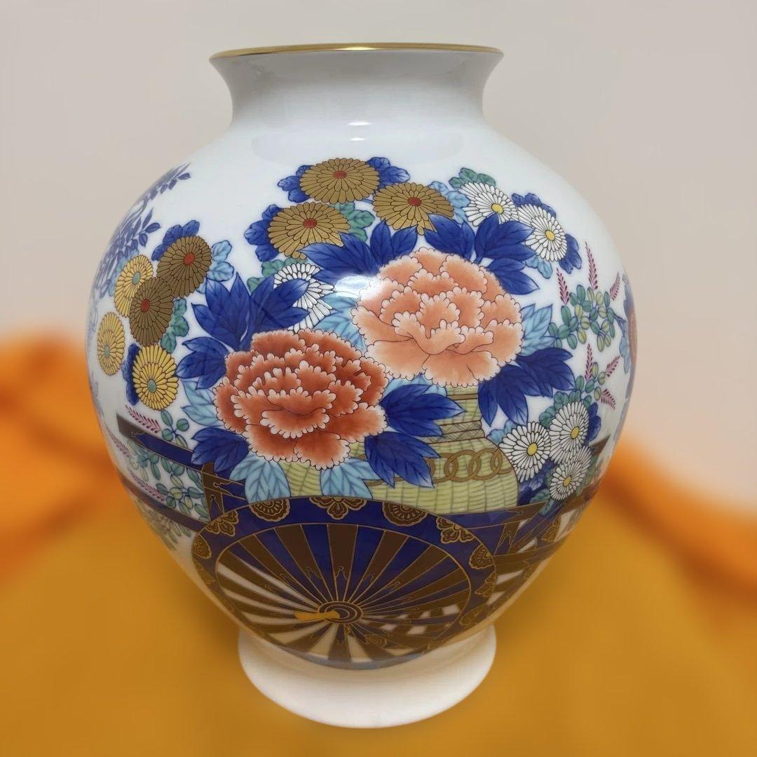 香蘭社 染錦花車 花瓶 磁芸工房謹製 金彩 花器 有田焼 壺 花入箱付き