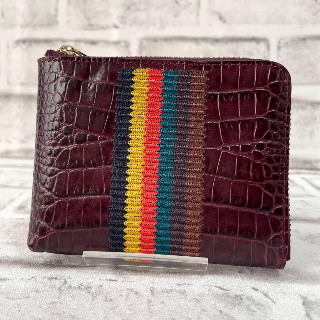 未使用品✨ポールスミス　ミニ財布　クロコ　マルチストライプ　ボルドー