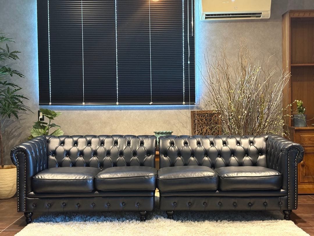 ヴィンセント　ボタンダウン　ソファ　アンティーク　レザー　ブラック IZZ