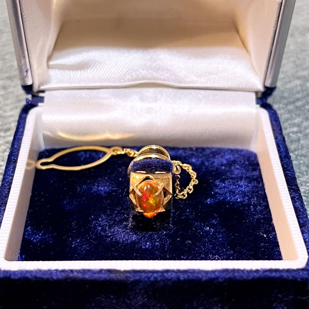 【シマウマ】K刻印あり ファイアオパール タイタックピン ケース付き 金