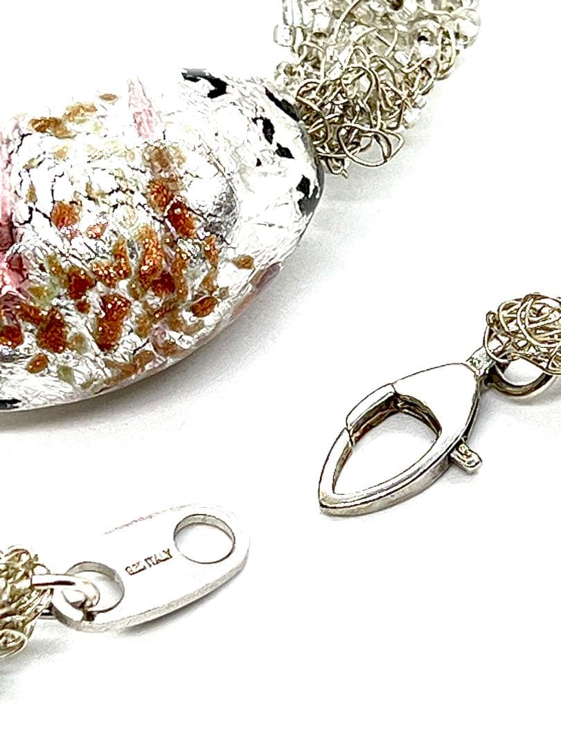 【イタリア製】シルバー925製ベネチアンガラスネックレス証明タグ付シルバーピンク