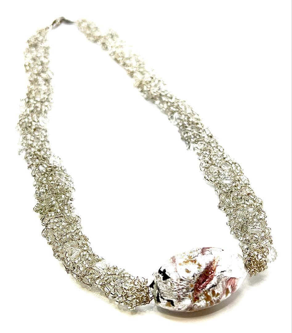 【イタリア製】シルバー925製ベネチアンガラスネックレス証明タグ付シルバーピンク