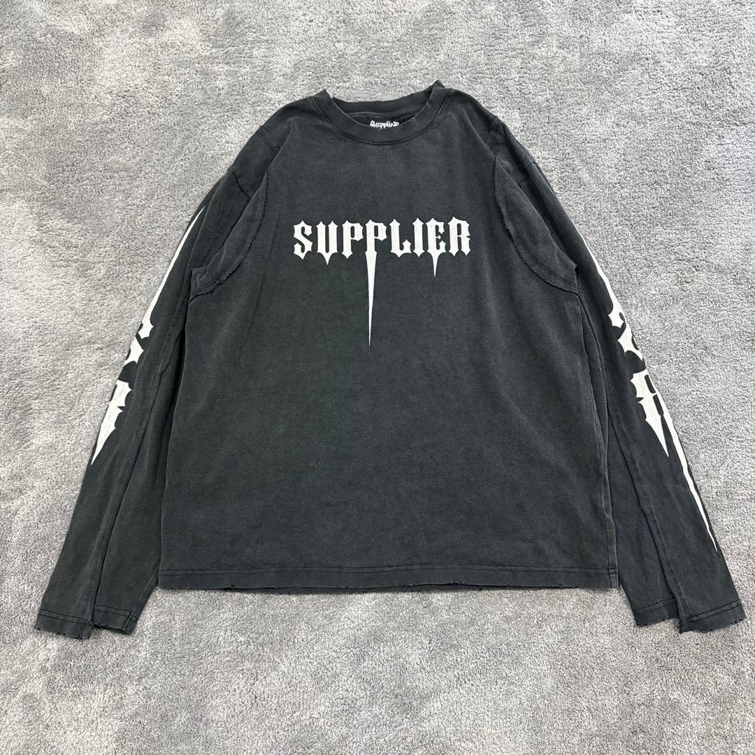 サプライヤー　センターロゴ　ロンT アームデザイン　墨黒　00s y2k