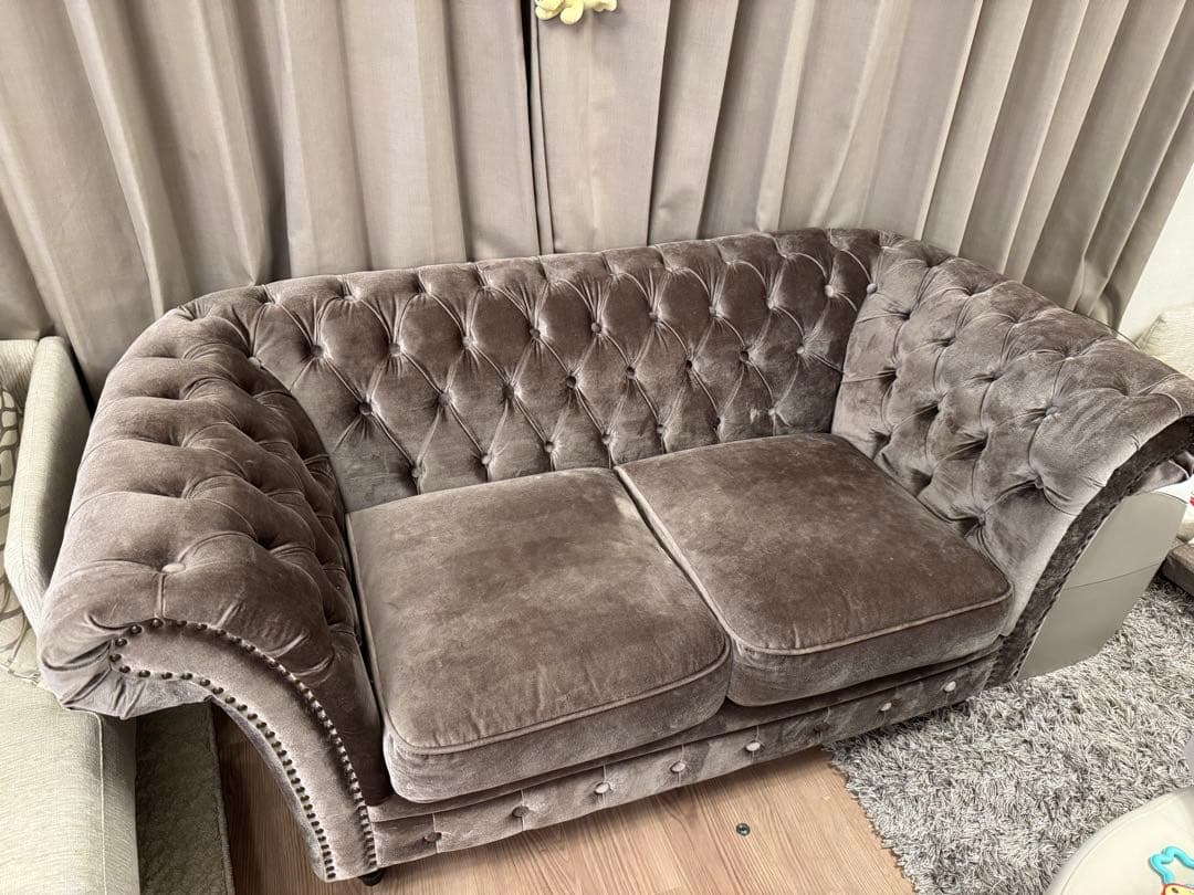 Vincent グレー アンティーク風ソファ 2人掛け ベロア