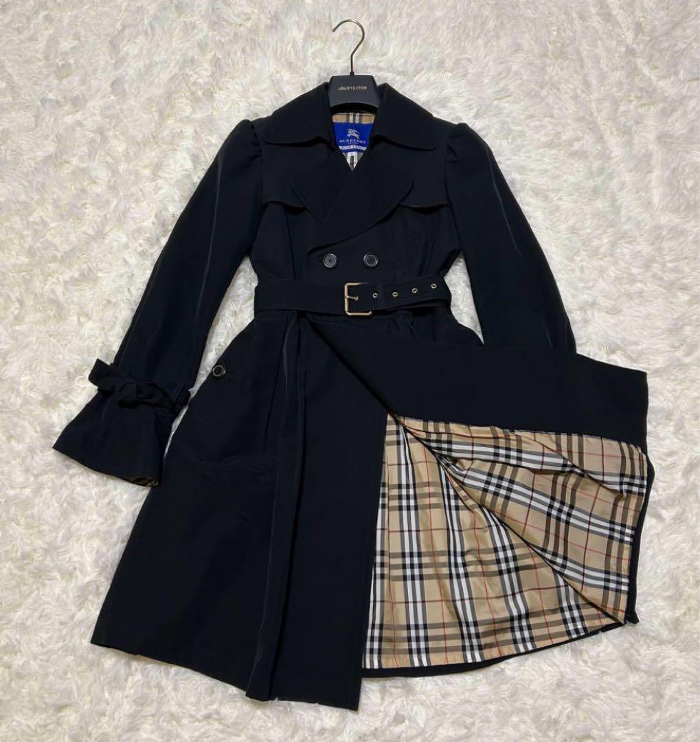 BURBERRY BLUELABELノバチェック Ｗトレンチコート 黒 ベルト付