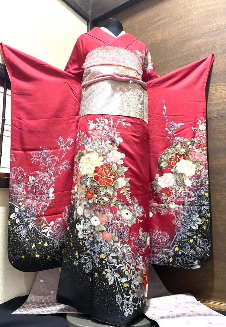 振袖フルセット6点サイズM〜Ｌ正絹宝尽くし袋帯　花篭文　金彩