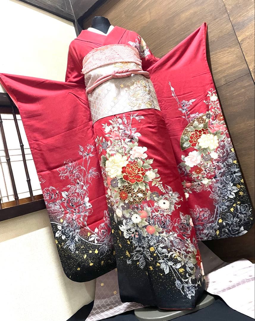 振袖フルセット6点サイズM〜Ｌ正絹宝尽くし袋帯　花篭文　金彩