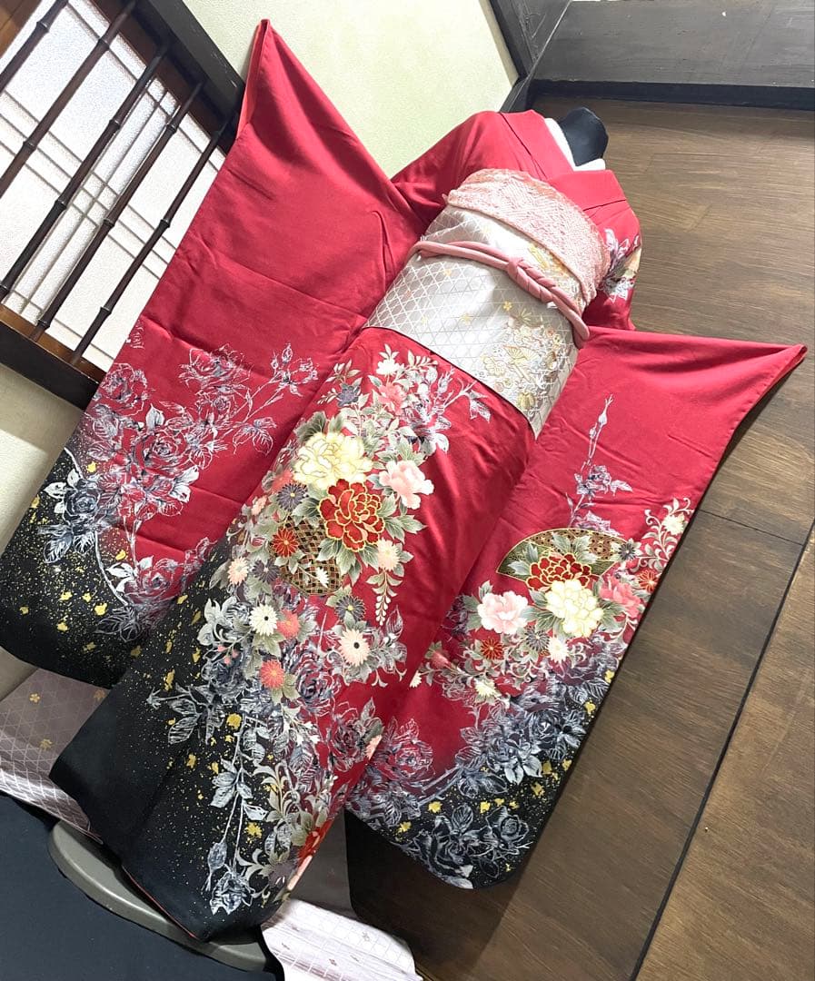 振袖フルセット6点サイズM〜Ｌ正絹宝尽くし袋帯　花篭文　金彩