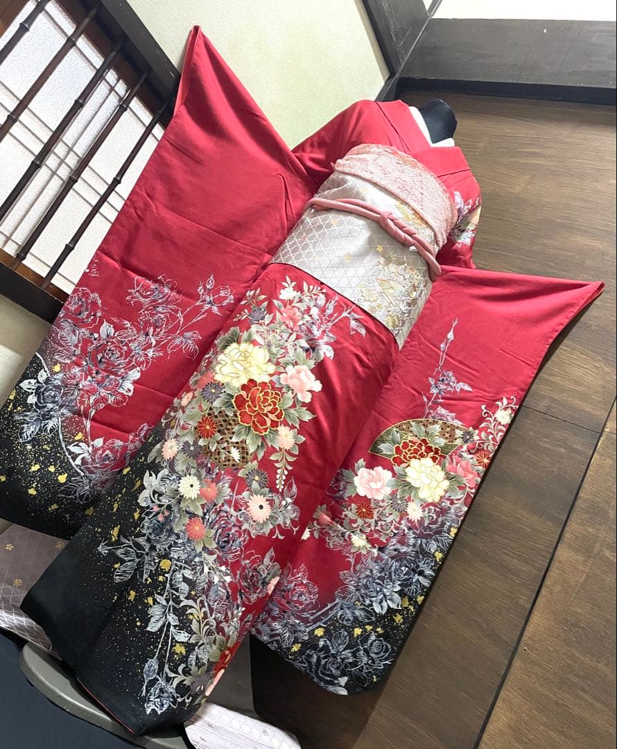 振袖フルセット6点サイズM〜Ｌ正絹宝尽くし袋帯　花篭文　金彩