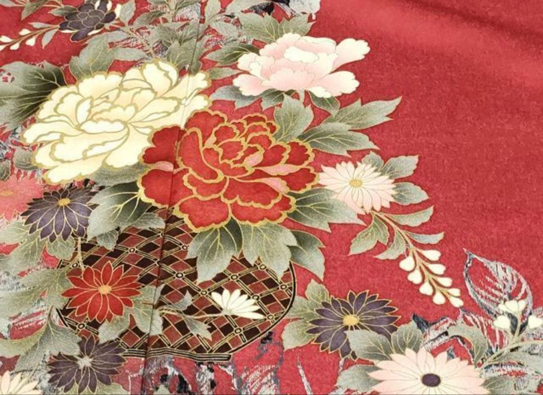 振袖フルセット6点サイズM〜Ｌ正絹宝尽くし袋帯　花篭文　金彩