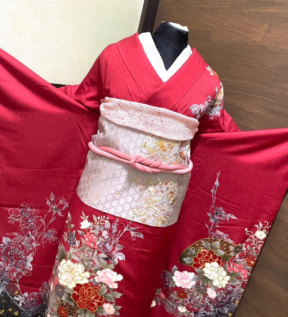 振袖フルセット6点サイズM〜Ｌ正絹宝尽くし袋帯　花篭文　金彩