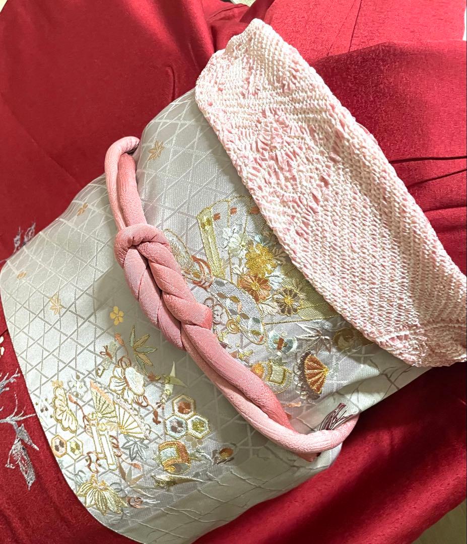 振袖フルセット6点サイズM〜Ｌ正絹宝尽くし袋帯　花篭文　金彩