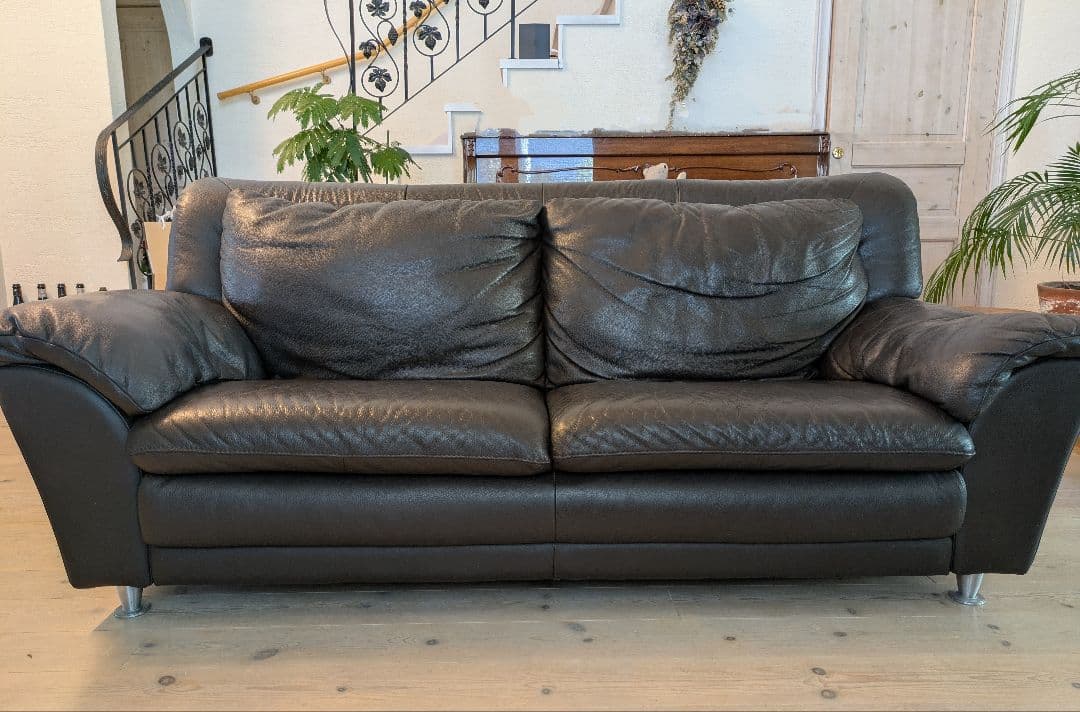 サコモディ S’ACCOMODI 3人掛け黒本革ソファ