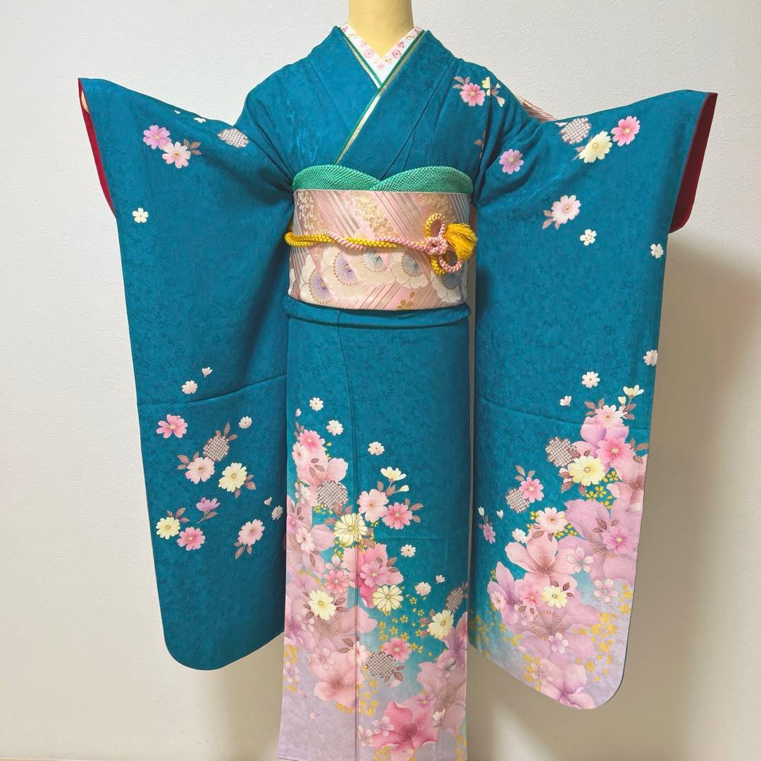 432 振袖フルセット 正絹 青緑 納戸色 桃 ブルーグリーン 銀彩 暈し染め