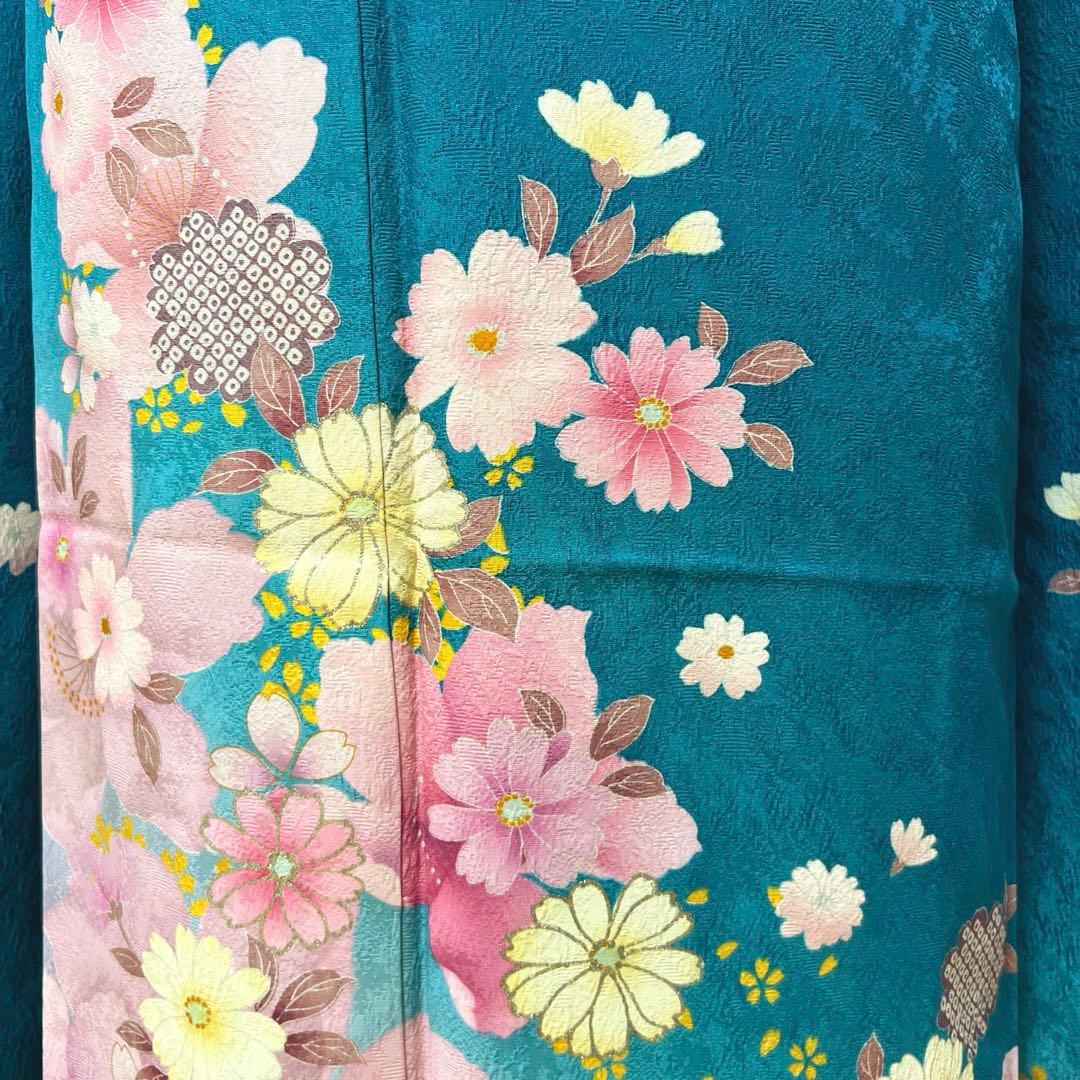 432 振袖フルセット 正絹 青緑 納戸色 桃 ブルーグリーン 銀彩 暈し染め