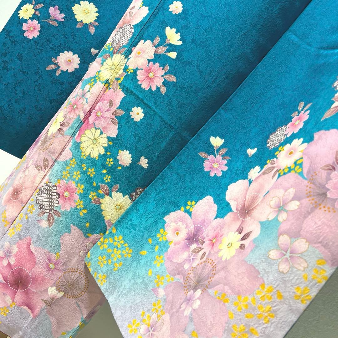 432 振袖フルセット 正絹 青緑 納戸色 桃 ブルーグリーン 銀彩 暈し染め
