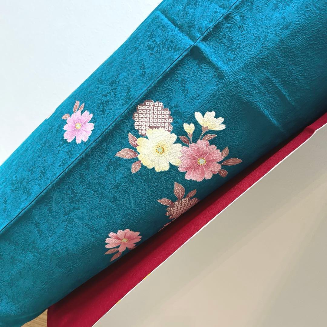 432 振袖フルセット 正絹 青緑 納戸色 桃 ブルーグリーン 銀彩 暈し染め