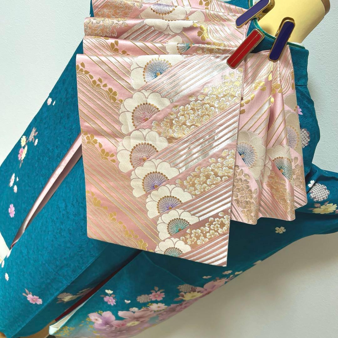432 振袖フルセット 正絹 青緑 納戸色 桃 ブルーグリーン 銀彩 暈し染め
