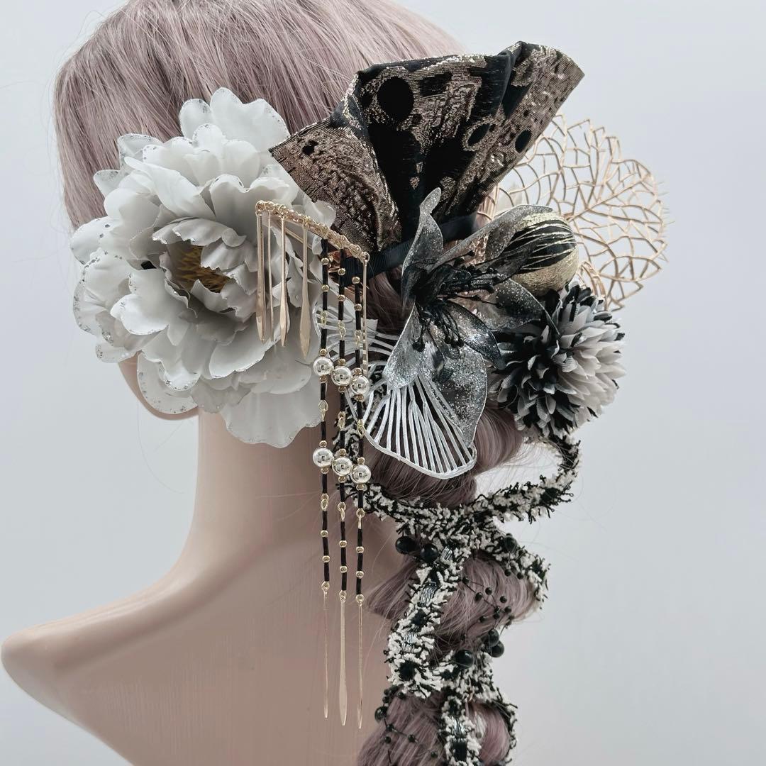 【豪華】　ディップアート　髪飾り　成人式卒業式 白　黒　ゴールド　グレー　牡丹