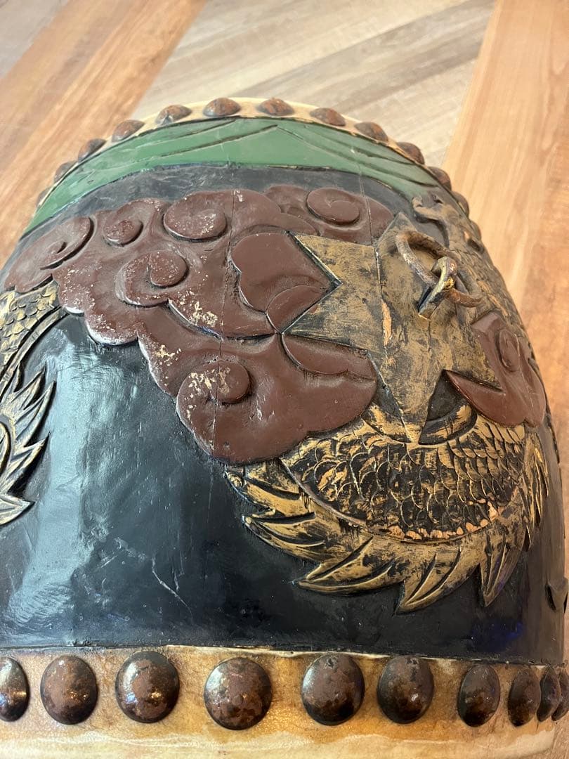 1尺3寸　太鼓　和太鼓　アンティーク　木彫り　龍彫り　オブジェ　古道具　民藝