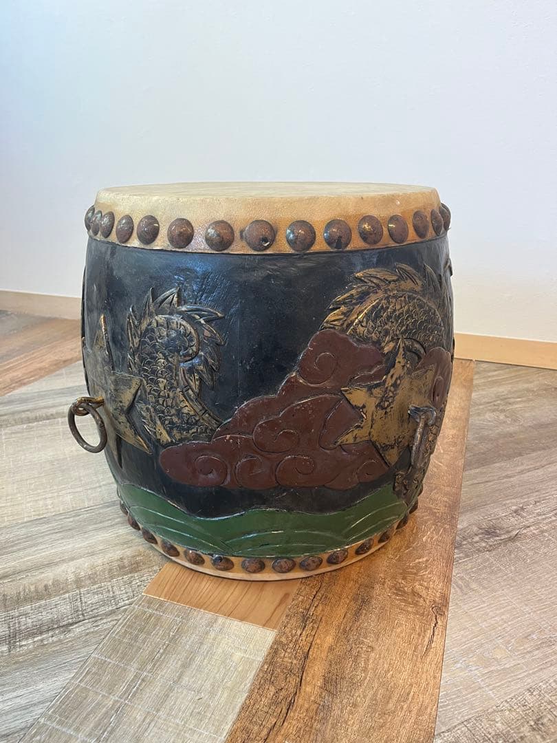 1尺3寸　太鼓　和太鼓　アンティーク　木彫り　龍彫り　オブジェ　古道具　民藝