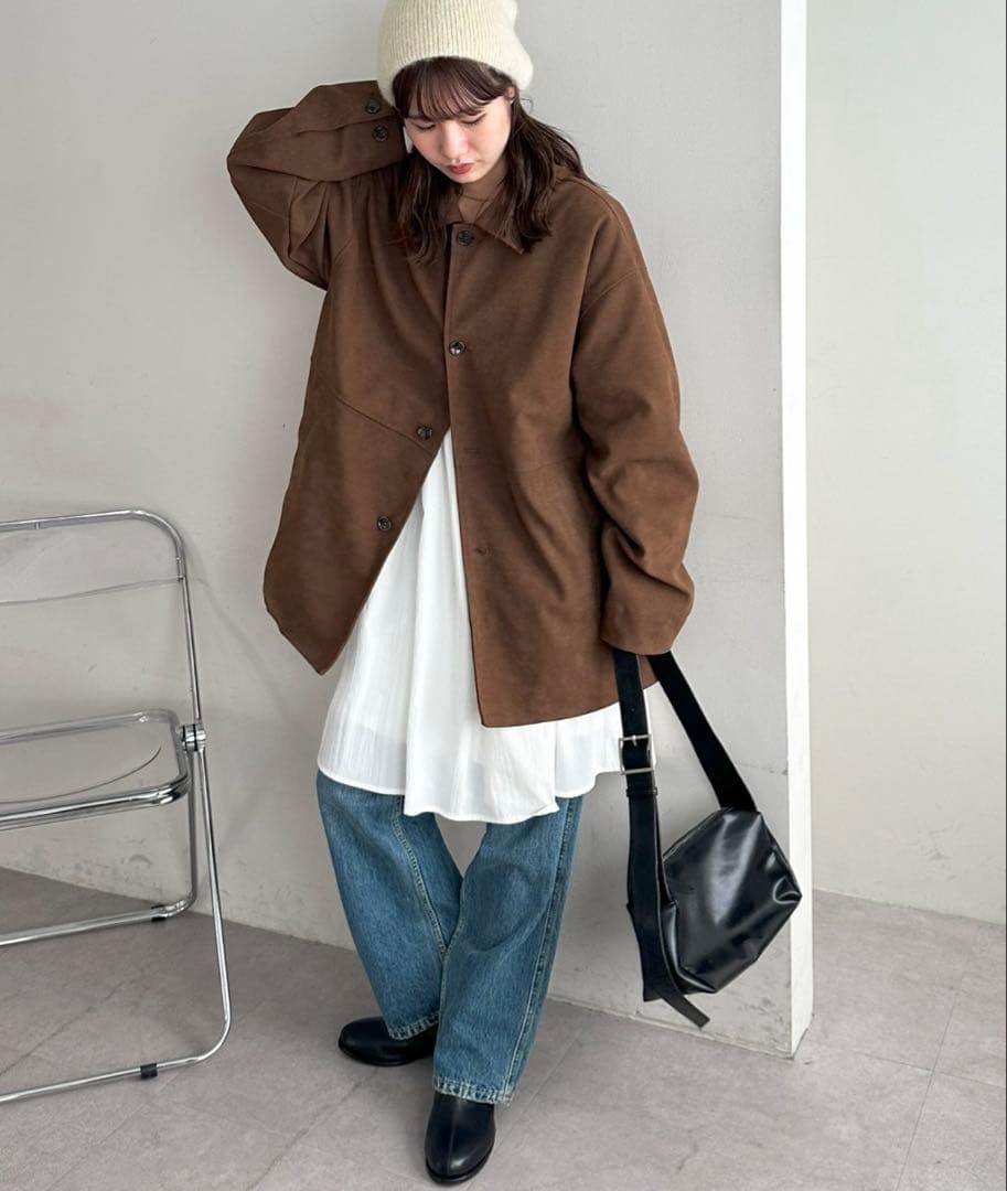 ブラウン フェイクスエードショートコート